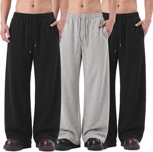 Baggy Sweatpants Men 3 Pack Lightweight Wide Leg Open Bottom Loose Casual Athletic Gym Pants Drawstring Pockets in Saudi Arabia