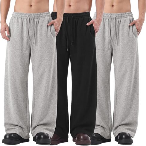 Baggy Sweatpants Men 3 Pack Lightweight Wide Leg Open Bottom Loose Casual Athletic Gym Pants Drawstring Pockets in Saudi Arabia
