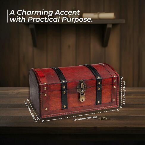 Happenings Wooden Treasure Chest Box – Red Lockable Vintage Decorative Chest for Storage, Keepsakes, Jewelry, Trinkets– Pirates Wooden Chest Decor (11.8x8x6) in Saudi Arabia