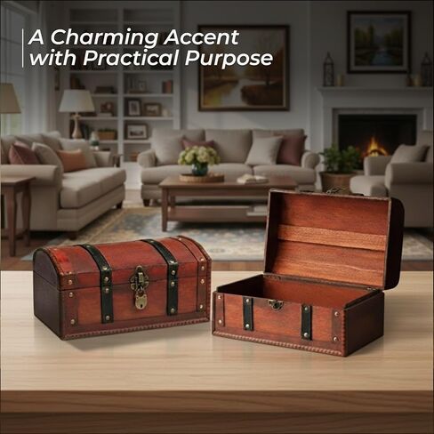 Happenings Wooden Treasure Chest Box – Red Lockable Vintage Decorative Chest for Storage, Keepsakes, Jewelry, Trinkets– Pirates Wooden Chest Decor (11.8x8x6) in Saudi Arabia