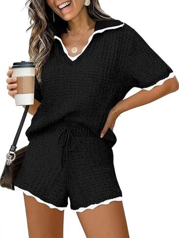 Tankaneo Womens Sweater Set 2 Piece Outfits Lapel V Neck Short Sleeve Knit Tops Summer Shorts Lounge Sets in Kuwait