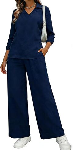 LOVESHOOT Women Lounge Sets 2 Piece Outfits Summer Casual 3/4 Sleeve V Neck Pullover Top Wide Leg Pants Matching Sets in Saudi Arabia