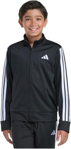 سترة رياضية تريكو 3 خطوط بسحاب كامل للأولاد من adidas (الولايات المتحدة، ألفا، صغير، عادي، أسود) in Kuwait