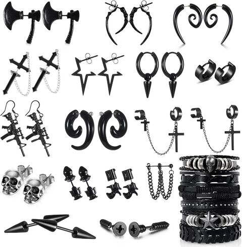 gisgfim 22 Pcs Punk Goth Grunge Jewelry Set for Men Women Leather Bracelets Stainless Steel Y2K Black Piercing Dangle Earrings Bulk Vintage Cool Emo Jewelry Sets Party Costume Accessories Gifts in Saudi Arabia