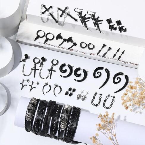 gisgfim 22 Pcs Punk Goth Grunge Jewelry Set for Men Women Leather Bracelets Stainless Steel Y2K Black Piercing Dangle Earrings Bulk Vintage Cool Emo Jewelry Sets Party Costume Accessories Gifts in Saudi Arabia