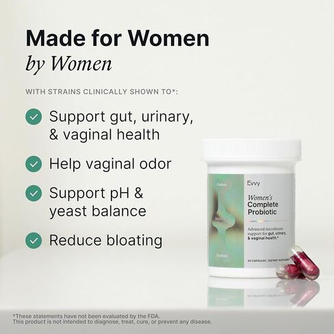 Evvy Women's 3-in-1 Complete Probiotic I Daily Probiotic Supplement to Reduce Bloating I Supports Gut, Urinary & Vaginal Health | Includes Vaginal Probiotics for Feminine Care | 30 Day Supply in Kuwait