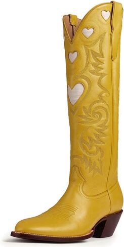 Alsoloveu Embroidered Cowboy Boots Women Heart pattern Knee High Cowgirl Boot Chunky Heel Pull On Western Booties in Saudi Arabia