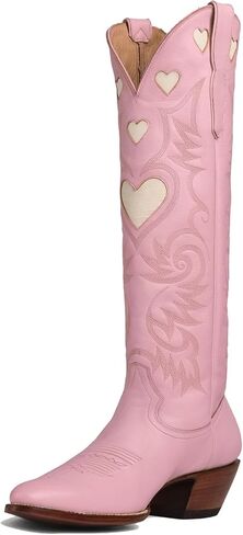 Alsoloveu Embroidery Cowboy Boot Women Heart Pattern Knee High Cowgirl Boot | Embroidered Cow Boy Boots, Chunky Heel Pull On Western Booties, Snip Toe Boots in Saudi Arabia