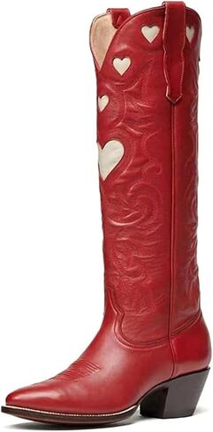 Alsoloveu Embroidery Cowboy Boot Women Heart Pattern Knee High Cowgirl Boot | Embroidered Cow Boy Boots, Chunky Heel Pull On Western Booties, Snip Toe Boots in Saudi Arabia