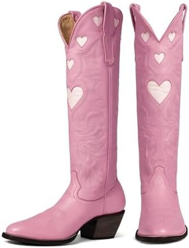 Alsoloveu Embroidery Cowboy Boot Women Heart Pattern Knee High Cowgirl Boot | Embroidered Cow Boy Boots, Chunky Heel Pull On Western Booties, Snip Toe Boots in Saudi Arabia