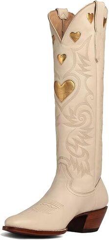 Alsoloveu Embroidery Cowboy Boot Women Heart Pattern Knee High Cowgirl Boot | Embroidered Cow Boy Boots, Chunky Heel Pull On Western Booties, Snip Toe Boots in Saudi Arabia
