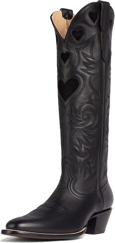 Alsoloveu Embroidery Cowboy Boot Women Heart Pattern Knee High Cowgirl Boot | Embroidered Cow Boy Boots, Chunky Heel Pull On Western Booties, Snip Toe Boots in Saudi Arabia