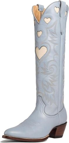 Alsoloveu Embroidery Cowboy Boot Women Heart Pattern Knee High Cowgirl Boot | Embroidered Cow Boy Boots, Chunky Heel Pull On Western Booties, Snip Toe Boots in Saudi Arabia