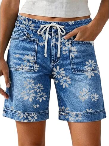 Flamingals Mid Rise Denim Shorts for Women Mid Thigh Length Floral Print Drawstring Casual Summer Jean Shorts with Pockets in Saudi Arabia