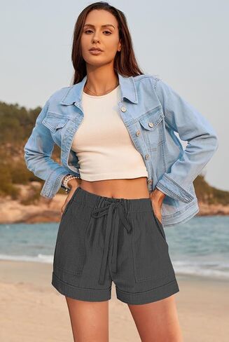 Womens Shorts Drawstring Dressy Casual Elastic Waist Trendy Summer Athletic Comfy Ladies Cotton Shorts with Pockets in Saudi Arabia
