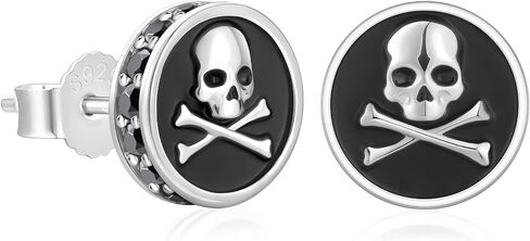 KRKC&CO Earrings for Men, Sterling Silver Stud Earrings, Hypoallergenic CZ Birthday Gift for Him, White Gold Plated and Black Smear Skull Cross Stud, Jewerly for Rapper in Kuwait