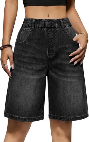 Yousify Womens Bermuda Jean Shorts Elastic Waisted Long Denim Short Knee Length Baggy Jeans Jorts in Kuwait