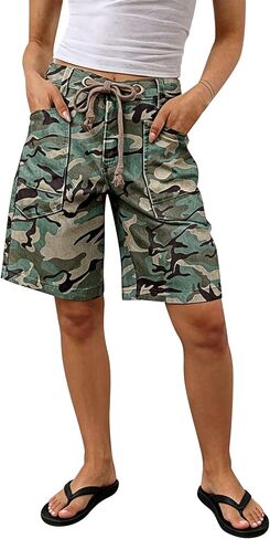 Flamingals Straight Leg Camo Bermuda Shorts for Women Mid Waist Drawstring Grommet Eyelet Casual Shorts in Saudi Arabia