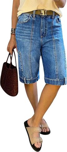 Flamingals Straight Leg Denim Shorts for Women Bermuda High Rise Seam Front Patch Pocket Trendy Shorts in Saudi Arabia