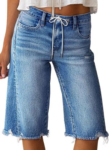 Flamingals Straight Leg Bermuda Shorts for Women Mid Rise Drawstring Washed Ripped Raw Hem High Stretch Denim Shorts in Saudi Arabia