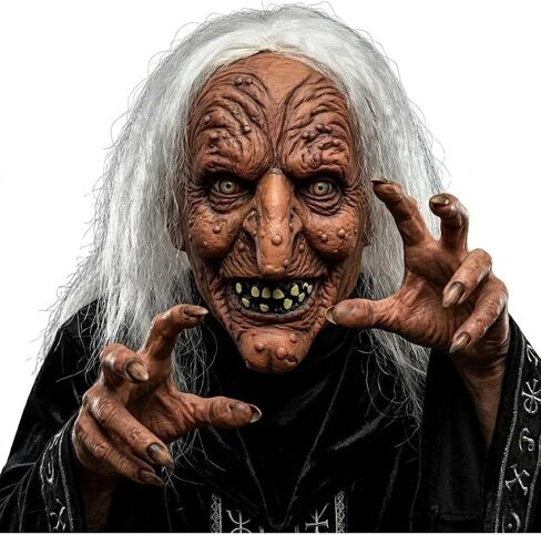 Scary Old Witch Mask with White Hair Realistic Women Latex Creepy Hag Face Masks for Adult Lady Halloween Cosplay Full Head Cover Props in Saudi Arabia