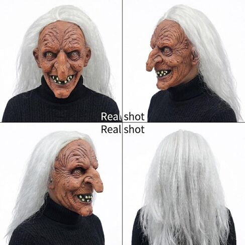 Scary Old Witch Mask with White Hair Realistic Women Latex Creepy Hag Face Masks for Adult Lady Halloween Cosplay Full Head Cover Props in Saudi Arabia