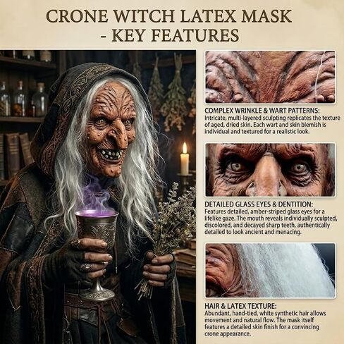 Scary Old Witch Mask with White Hair Realistic Women Latex Creepy Hag Face Masks for Adult Lady Halloween Cosplay Full Head Cover Props in Saudi Arabia