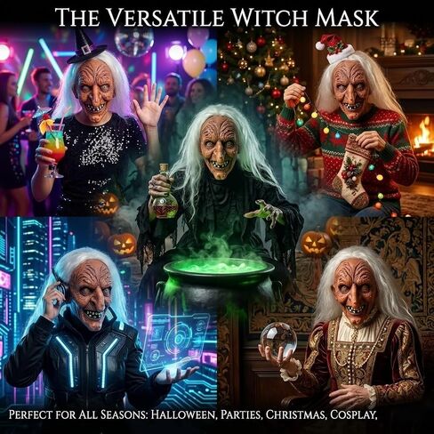 Scary Old Witch Mask with White Hair Realistic Women Latex Creepy Hag Face Masks for Adult Lady Halloween Cosplay Full Head Cover Props in Saudi Arabia