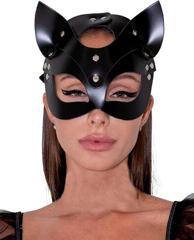 Women Faux Leather Mask with Alloy, Adjustable Fashion Face Mask for Masquerade, Gothic Punk Festival Costume Accessory(Head 20.5–26.4 in) in Saudi Arabia
