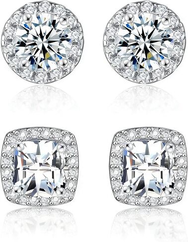 18K White Gold Plated Round & Square Cubic Zirconia Halo Stud Earrings Set, 925 Sterling Silver Hypoallergenic Studs for Women Men, Simulated Diamond Earrings (2 Pairs) in Kuwait