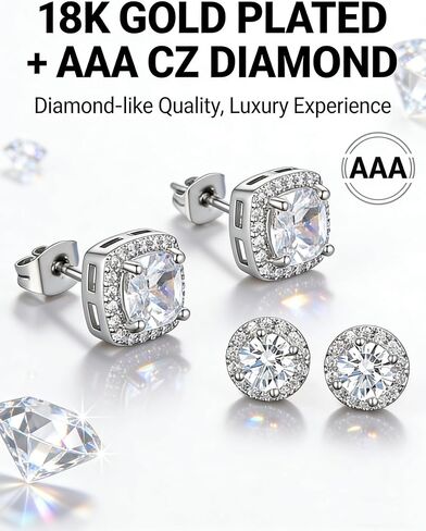 18K White Gold Plated Round & Square Cubic Zirconia Halo Stud Earrings Set, 925 Sterling Silver Hypoallergenic Studs for Women Men, Simulated Diamond Earrings (2 Pairs) in Kuwait