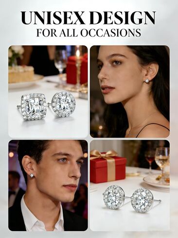 18K White Gold Plated Round & Square Cubic Zirconia Halo Stud Earrings Set, 925 Sterling Silver Hypoallergenic Studs for Women Men, Simulated Diamond Earrings (2 Pairs) in Kuwait