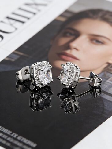 18K White Gold Plated Round & Square Cubic Zirconia Halo Stud Earrings Set, 925 Sterling Silver Hypoallergenic Studs for Women Men, Simulated Diamond Earrings (2 Pairs) in Kuwait