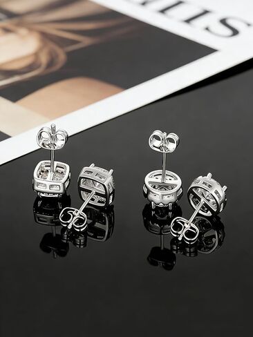 18K White Gold Plated Round & Square Cubic Zirconia Halo Stud Earrings Set, 925 Sterling Silver Hypoallergenic Studs for Women Men, Simulated Diamond Earrings (2 Pairs) in Kuwait