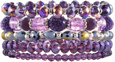 5PCS Beaded Bracelets for Women, Stackable Bohemian Glass Crystal Bead Stretch Bracelets, Purple Jewelry Multilayered Disco Ball Design, Gift for Mother's Day, Birthday, Anniversary in Saudi Arabia
