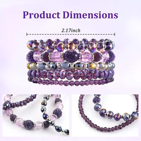 5PCS Beaded Bracelets for Women, Stackable Bohemian Glass Crystal Bead Stretch Bracelets, Purple Jewelry Multilayered Disco Ball Design, Gift for Mother's Day, Birthday, Anniversary in Saudi Arabia