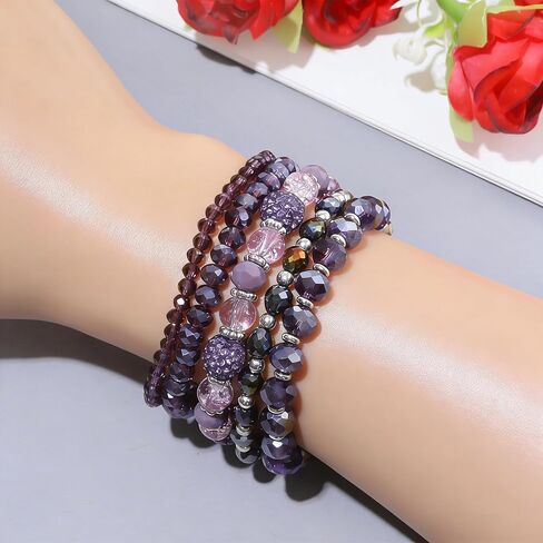 5PCS Beaded Bracelets for Women, Stackable Bohemian Glass Crystal Bead Stretch Bracelets, Purple Jewelry Multilayered Disco Ball Design, Gift for Mother's Day, Birthday, Anniversary in Saudi Arabia