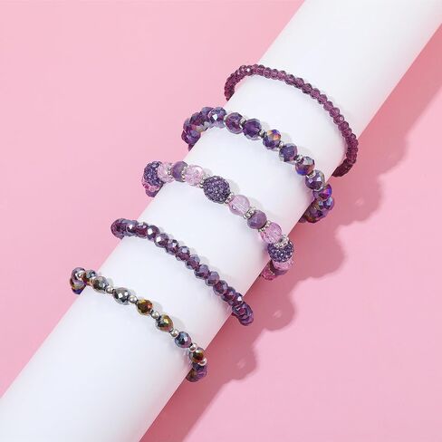 5PCS Beaded Bracelets for Women, Stackable Bohemian Glass Crystal Bead Stretch Bracelets, Purple Jewelry Multilayered Disco Ball Design, Gift for Mother's Day, Birthday, Anniversary in Saudi Arabia