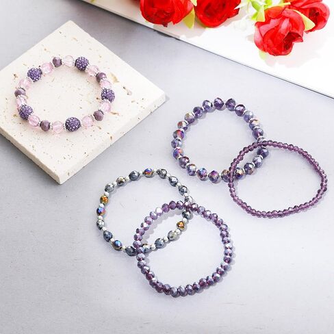 5PCS Beaded Bracelets for Women, Stackable Bohemian Glass Crystal Bead Stretch Bracelets, Purple Jewelry Multilayered Disco Ball Design, Gift for Mother's Day, Birthday, Anniversary in Saudi Arabia