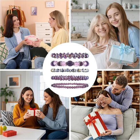 5PCS Beaded Bracelets for Women, Stackable Bohemian Glass Crystal Bead Stretch Bracelets, Purple Jewelry Multilayered Disco Ball Design, Gift for Mother's Day, Birthday, Anniversary in Saudi Arabia