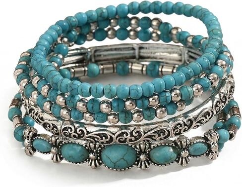 Western Bracelets for Women - Boho Turquoise Beaded Stackable Elastic Bracelet Set, Vintage Western Jewelry for Women, Country Concert Style Western Bracelets for Ladies in Saudi Arabia