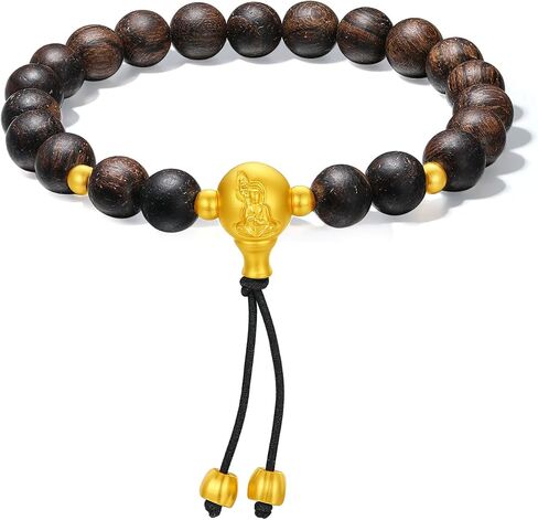 ZHOU LIU FU 24K Solid Gold Cultural Blessing Bracelet Bodhi Buddhist Prayer Charm Ebony Wooden Beads Stretch Bracelets for Men Women Jewelry Birthday Anniversary 7.1"/18CM A1914668 in Kuwait