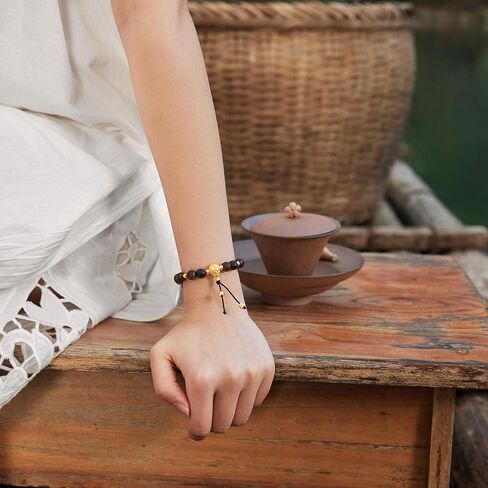 ZHOU LIU FU 24K Solid Gold Cultural Blessing Bracelet Bodhi Buddhist Prayer Charm Ebony Wooden Beads Stretch Bracelets for Men Women Jewelry Birthday Anniversary 7.1"/18CM A1914668 in Kuwait