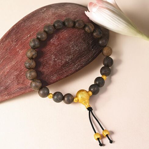 ZHOU LIU FU 24K Solid Gold Cultural Blessing Bracelet Bodhi Buddhist Prayer Charm Ebony Wooden Beads Stretch Bracelets for Men Women Jewelry Birthday Anniversary 7.1"/18CM A1914668 in Kuwait