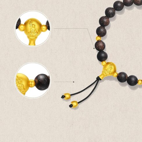 ZHOU LIU FU 24K Solid Gold Cultural Blessing Bracelet Bodhi Buddhist Prayer Charm Ebony Wooden Beads Stretch Bracelets for Men Women Jewelry Birthday Anniversary 7.1"/18CM A1914668 in Kuwait