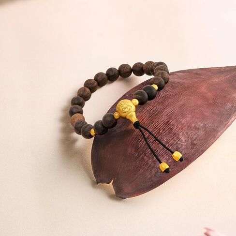 ZHOU LIU FU 24K Solid Gold Cultural Blessing Bracelet Bodhi Buddhist Prayer Charm Ebony Wooden Beads Stretch Bracelets for Men Women Jewelry Birthday Anniversary 7.1"/18CM A1914668 in Kuwait