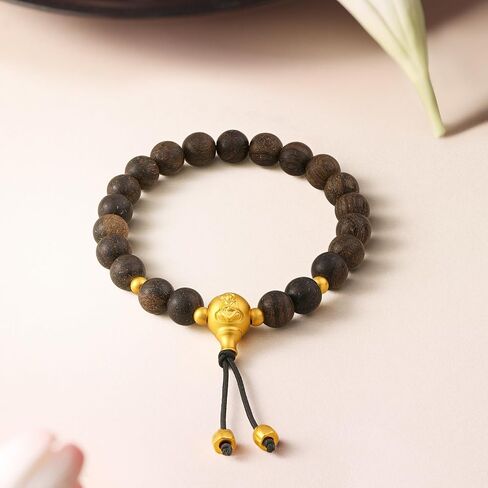 ZHOU LIU FU 24K Solid Gold Cultural Blessing Bracelet Bodhi Buddhist Prayer Charm Ebony Wooden Beads Stretch Bracelets for Men Women Jewelry Birthday Anniversary 7.1"/18CM A1914668 in Kuwait