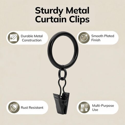 20 Pack Black Minimalism Curtain Rings with Eyelets with Clips, Window Metal Drapery Ring for Pinch Pleat Curtains, Drape Ring 1.0 Inch I D, Fits Up to 3/4 Inch Thin Rods (Black, 1"-20 Pack) in Kuwait