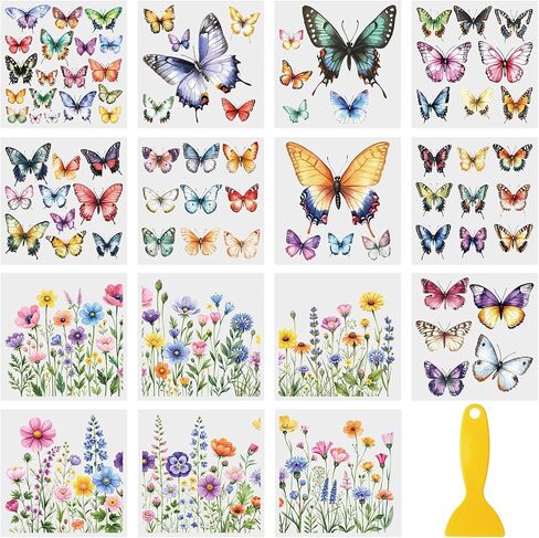 WANDIC 15 Sheets Butterfly UV DTF Wraps Stickers,Flowers Rub on Transfers Furniture Stickers Waterproof Transfers Window Decals for Glass and DIY Crafts,12 * 12CM in Kuwait