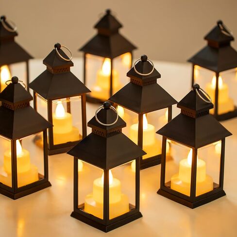 Romadedi Mini Lanterns Decorative for Centerpiece - 10 PCS Hanging Small Black Lantern Bulk with Flickering LED Candles for Halloween Decorations Wedding Decor Christmas Table, Batteries Included in Kuwait